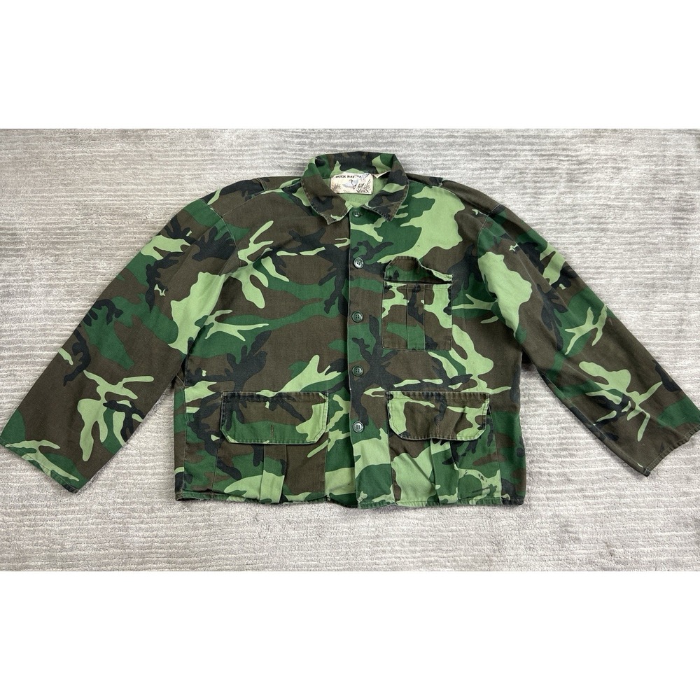 Vintage 80s Duck Bay Hunting Shirt Jacket Camouflage Button Pockets Mens Large